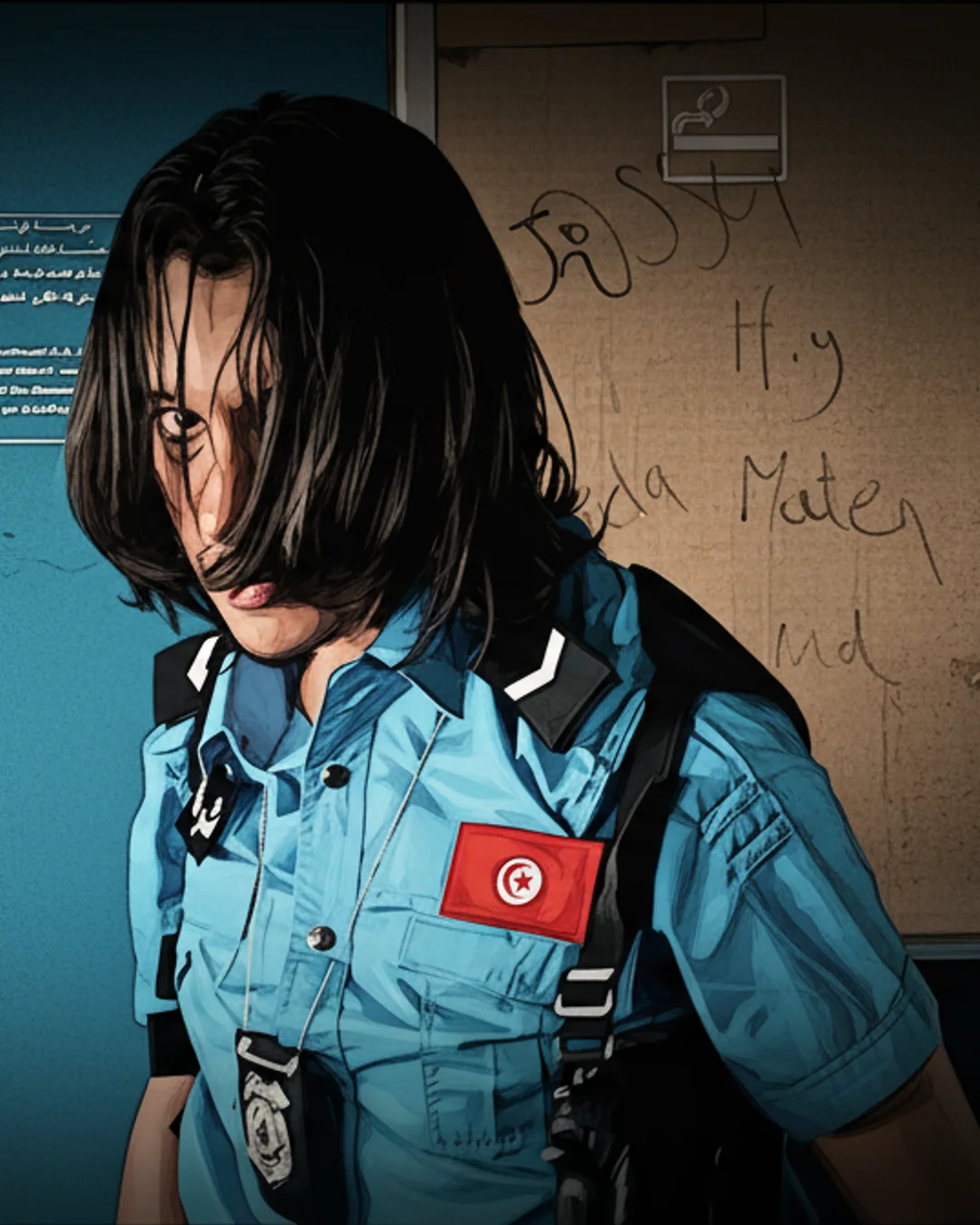 Jondi en uniforme de la police tunisienne, dans un poste de police